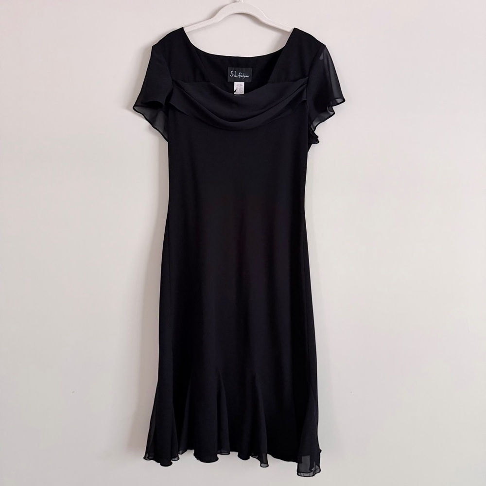 SL Fashions Black Cowl Neck Chiffon Dress Size 14